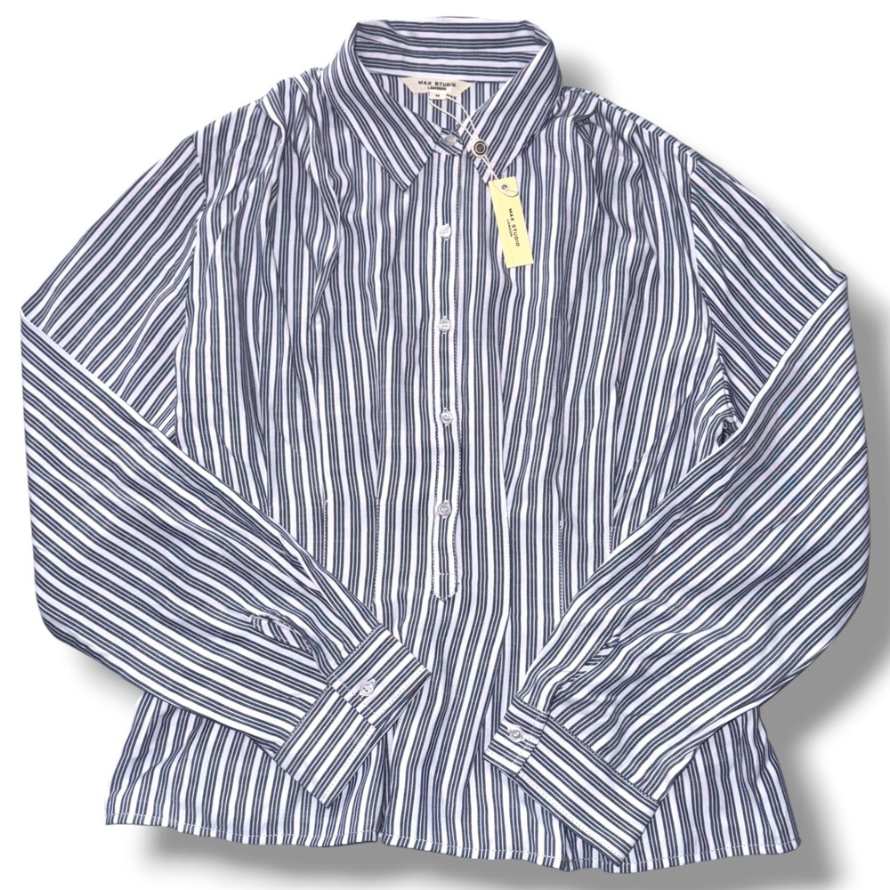 Max Studio London Button Down Shirt Womens Medium Blue White Striped Peplum NEW